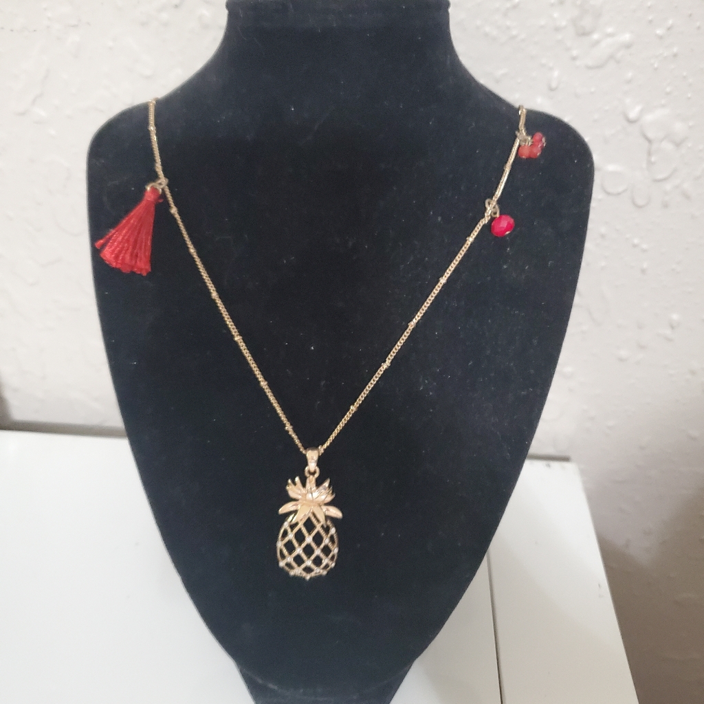 Loft Pineapple Pendant Necklace Gold Tone Rhinestones Red Tassel Beads 30 Loft Pineapple Pendant Necklace Gold Tone Rhinestones Red Tassel Beads 30
